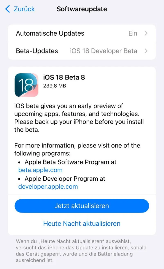 太谷苹果手机维修分享苹果 iOS / iPadOS 18 开发者预览版 Beta 8 发布 